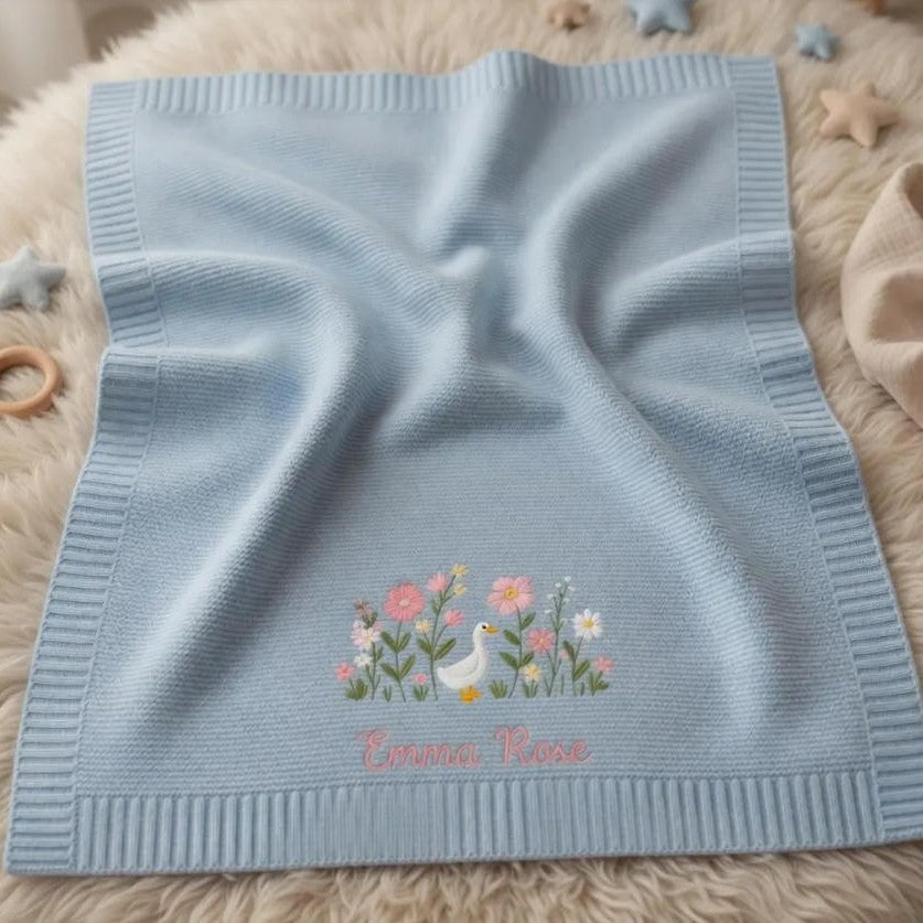 Cotton Knitted Baby Blanket with Embroidered Bear