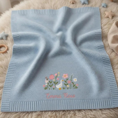 Cotton Knitted Baby Blanket with Embroidered Bear
