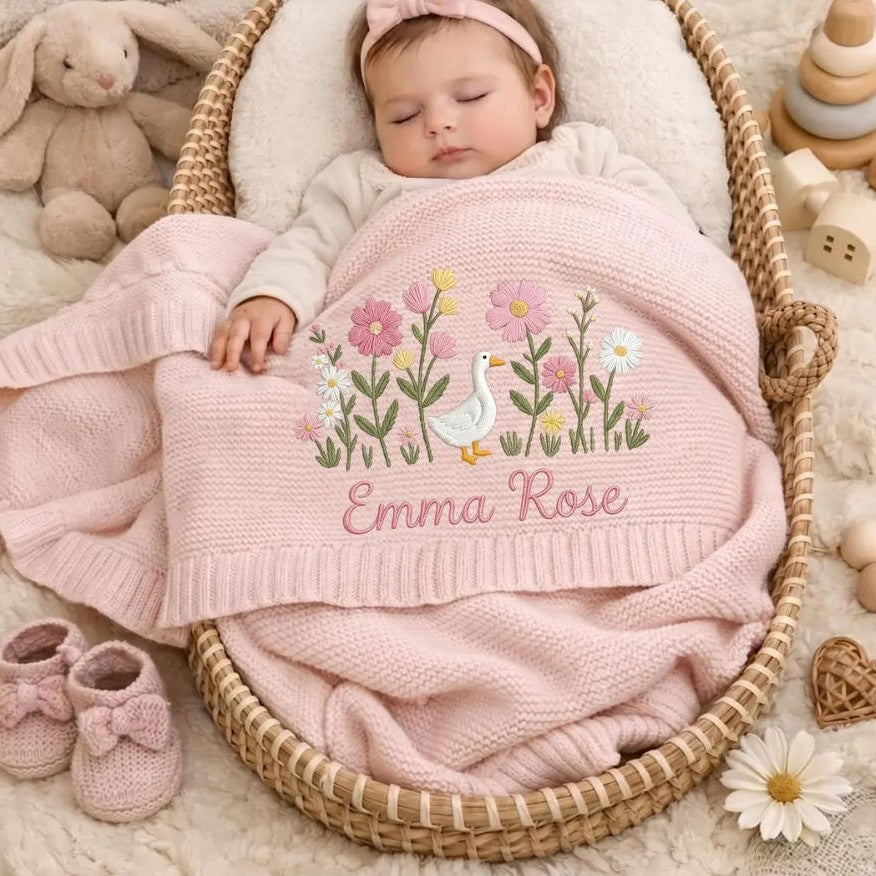 Cotton Knitted Baby Blanket with Embroidered Bear