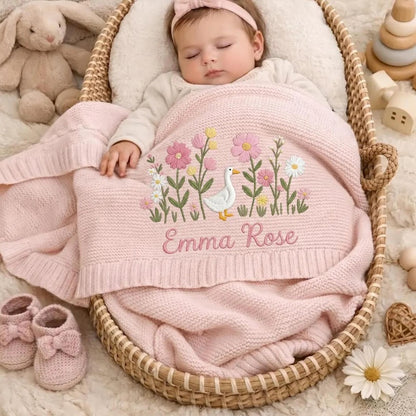 Cotton Knitted Baby Blanket with Embroidered Bear