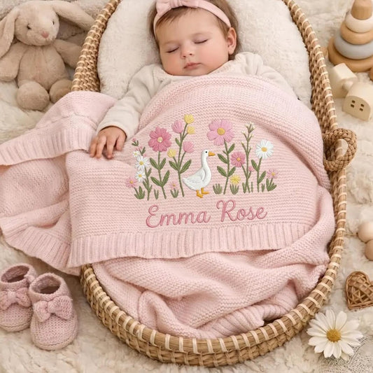 Cotton Knitted Baby Blanket with Embroidered Bear