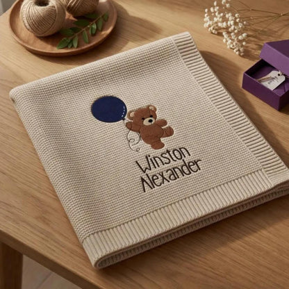Cotton Knitted Baby Blanket with Embroidered Bear