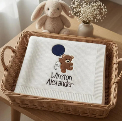 Cotton Knitted Baby Blanket with Embroidered Bear