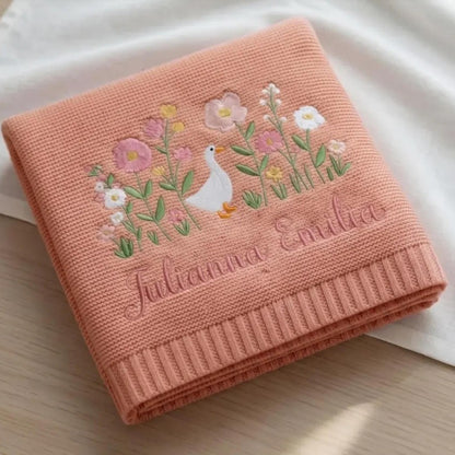 Cotton Knitted Baby Blanket with Embroidered Bear